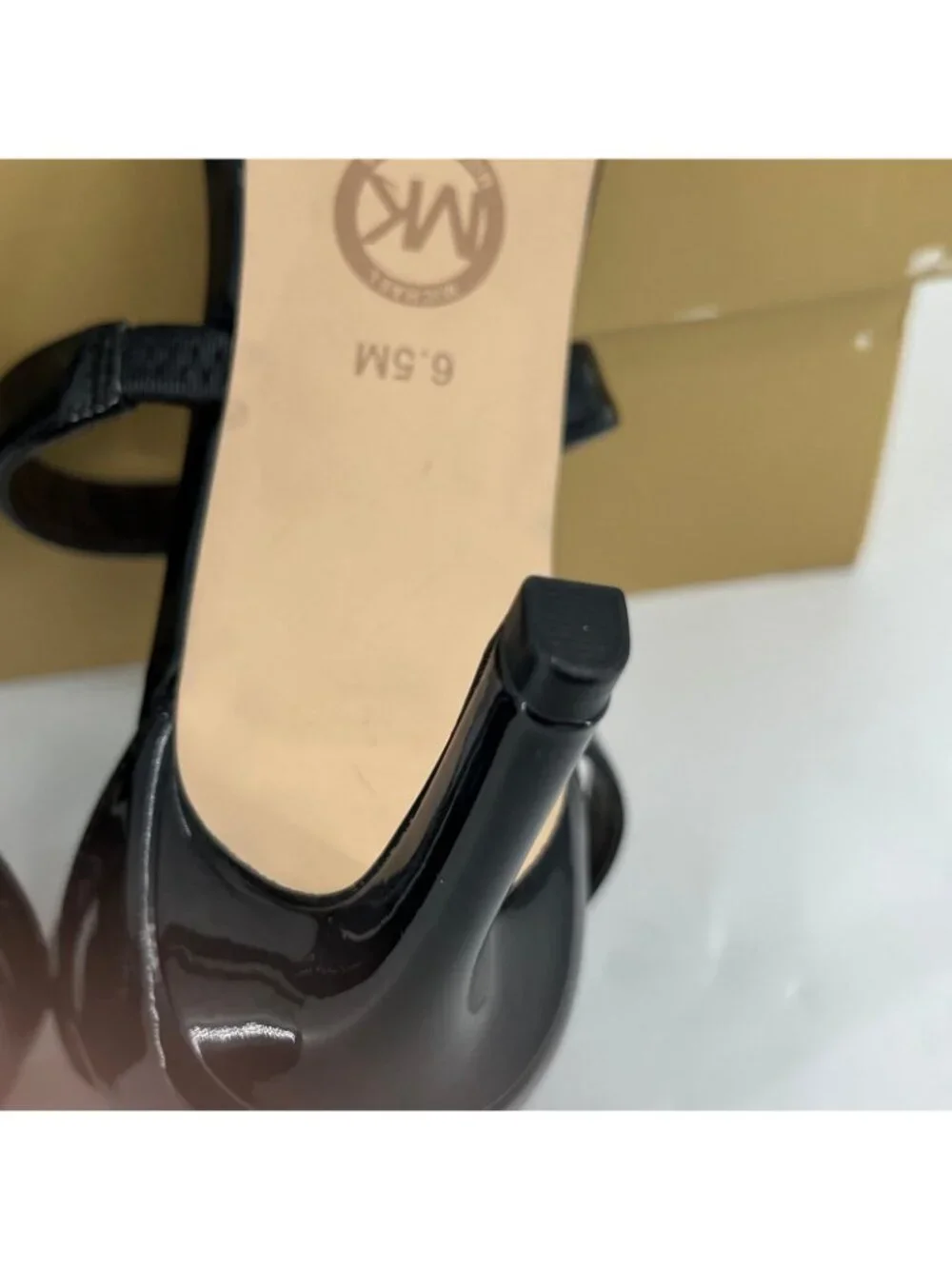 Michael Kors Koda Sandals Black Size 6.5M Faux Leather 3in Heel Ankle Strap